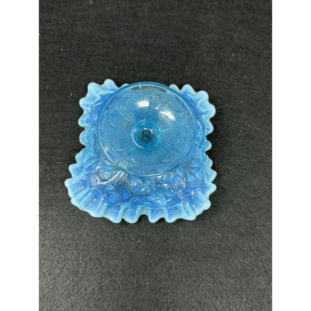 Dugan Blue Opalescent Question Marks Pedestal Bowl Carnival Glass Vintage